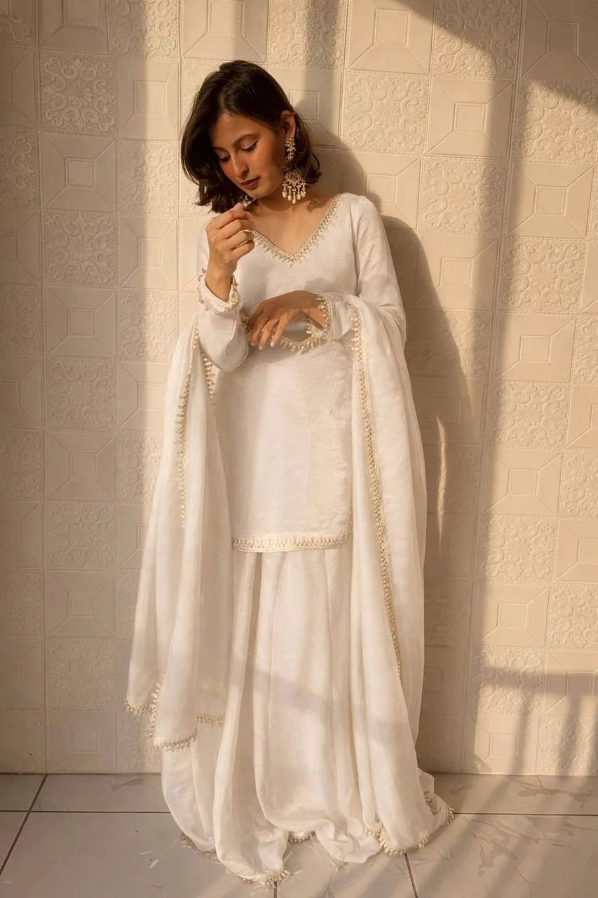 Graceful White Eidn Wear Silk Plazzo Set with Dupatta