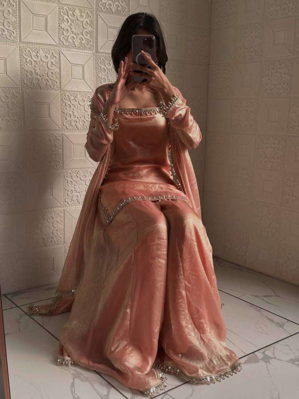 Peach Glam Eid Party Wear Mirror Work Palazzo Suit