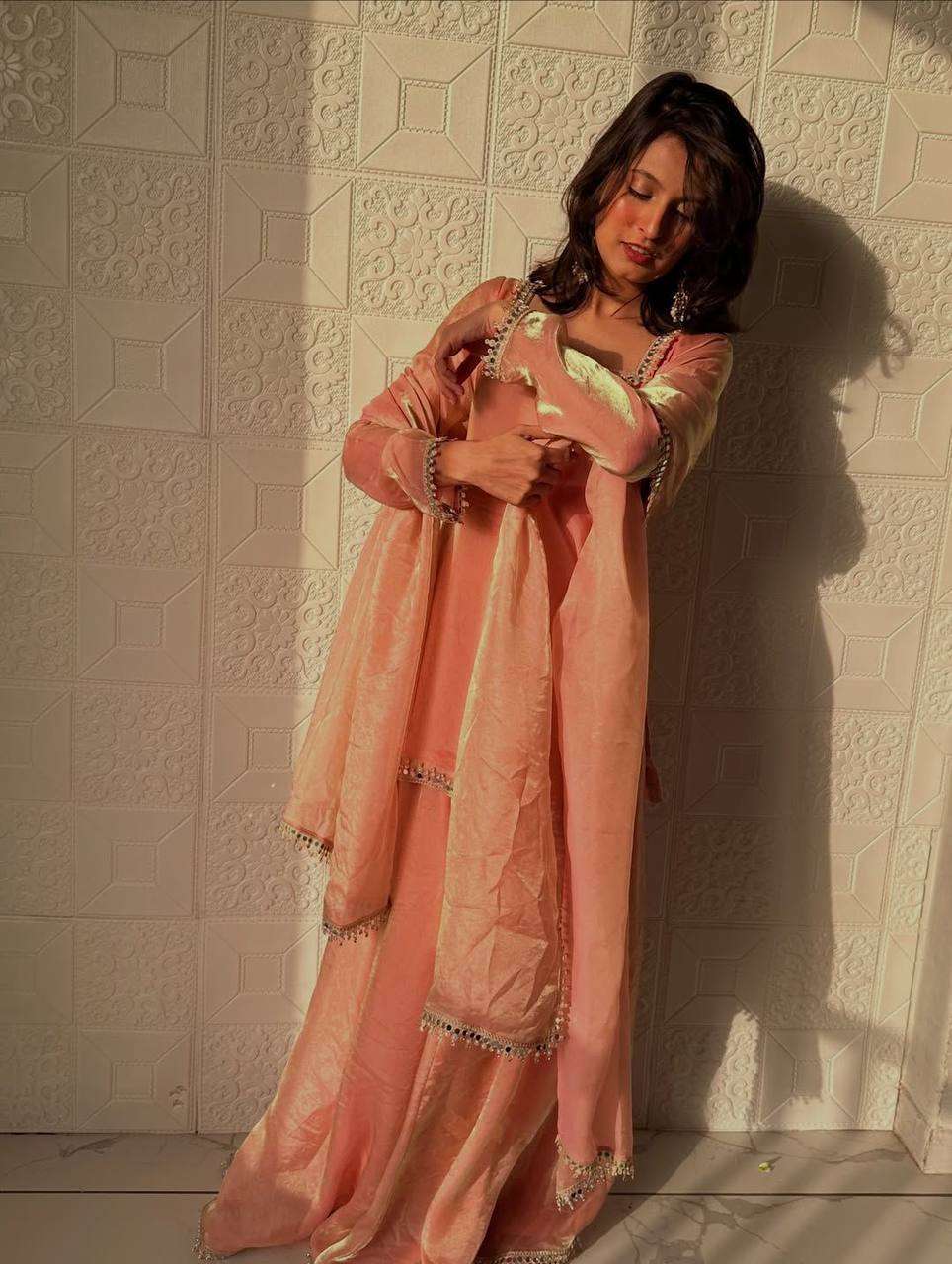 Peach Glam Eid Party Wear Mirror Work Palazzo Suit