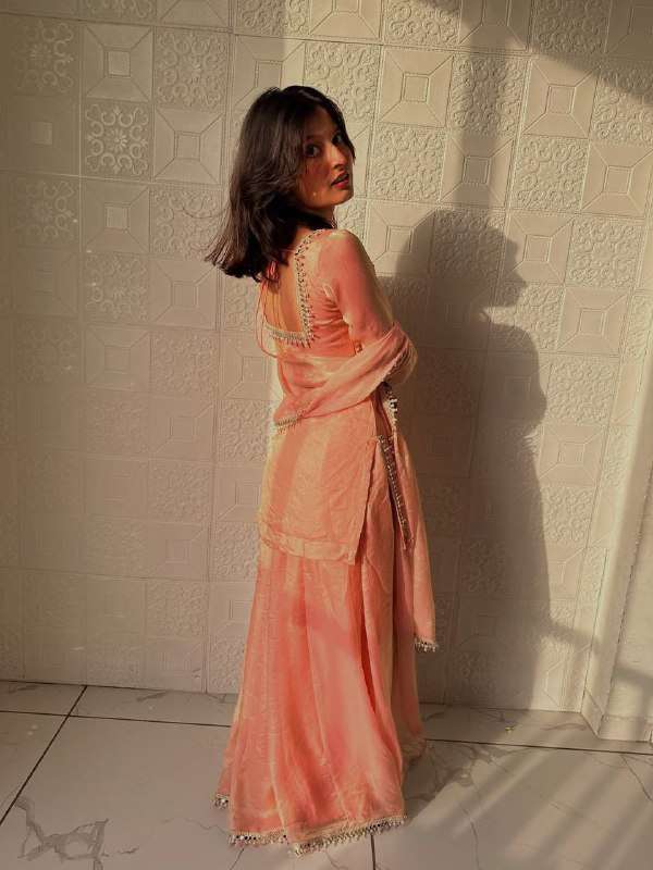 Peach Glam Eid Party Wear Mirror Work Palazzo Suit