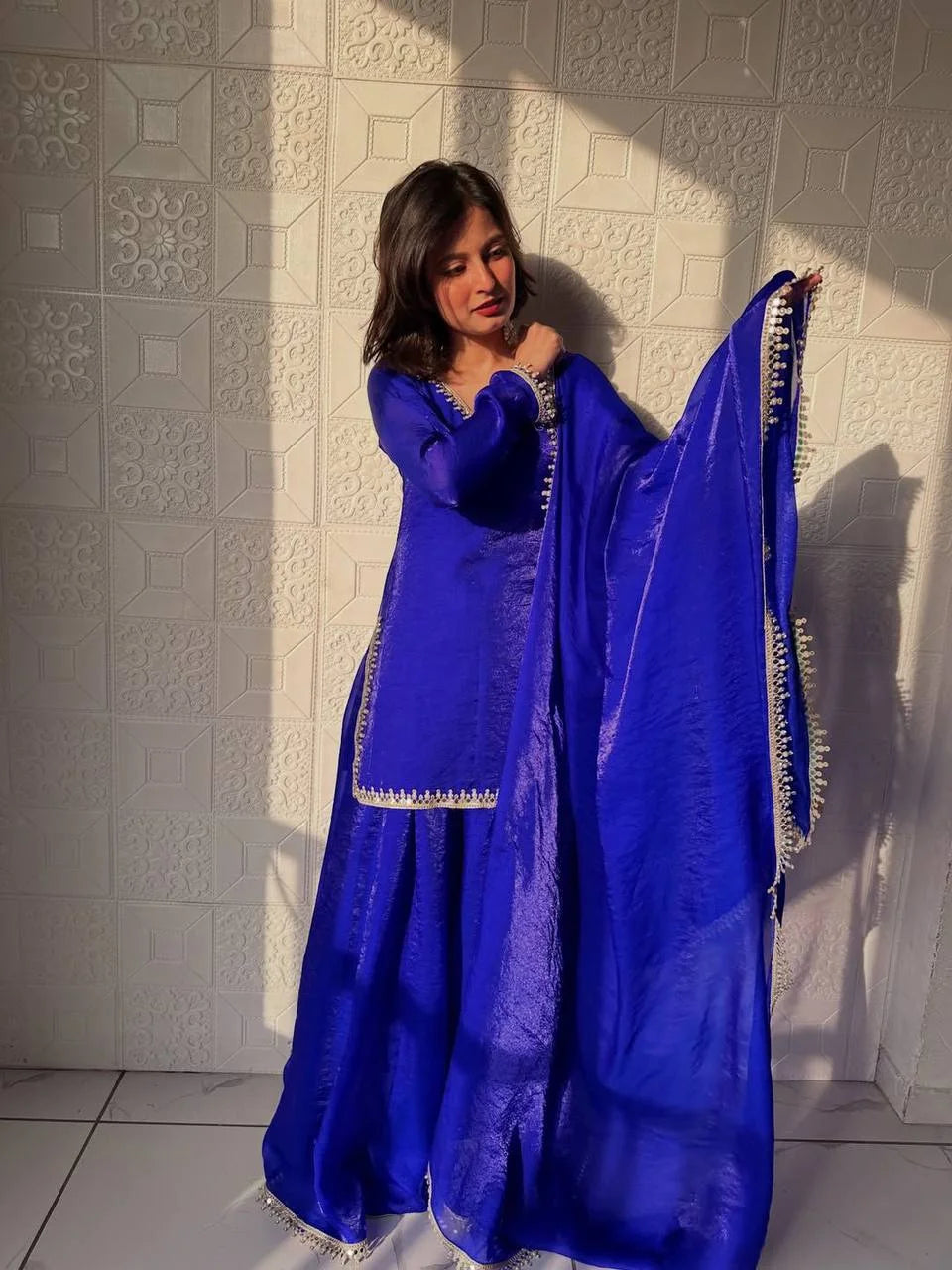 Premium Blue Silk Kurti Palazzo Set with Dupatta