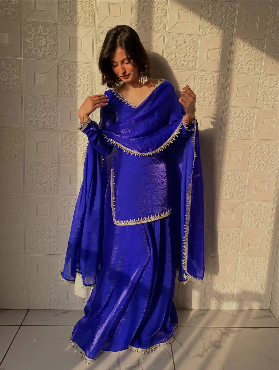 Premium Blue Silk Kurti Palazzo Set with Dupatta