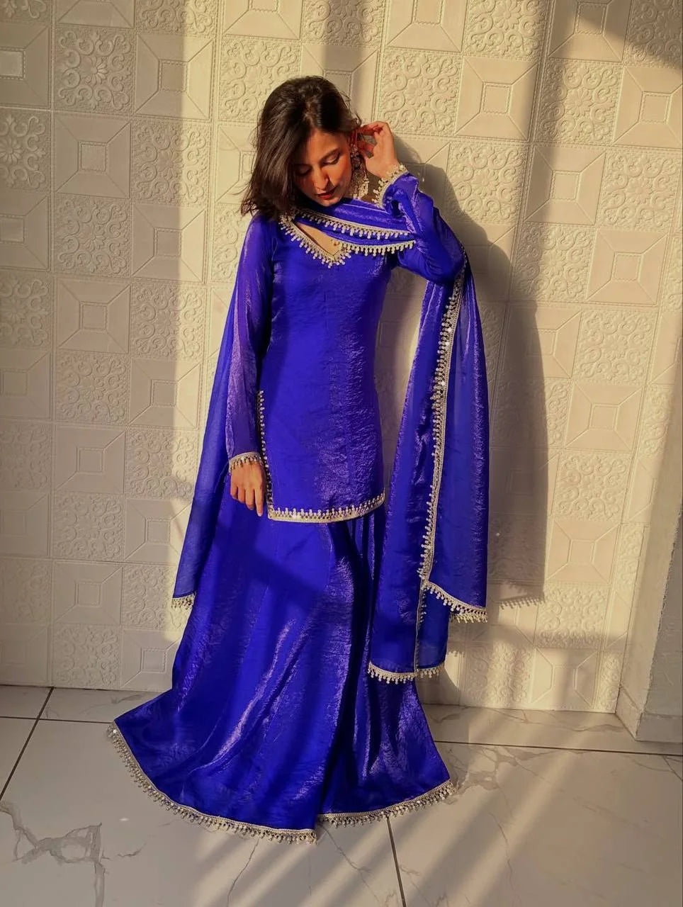 Premium Blue Silk Kurti Palazzo Set with Dupatta