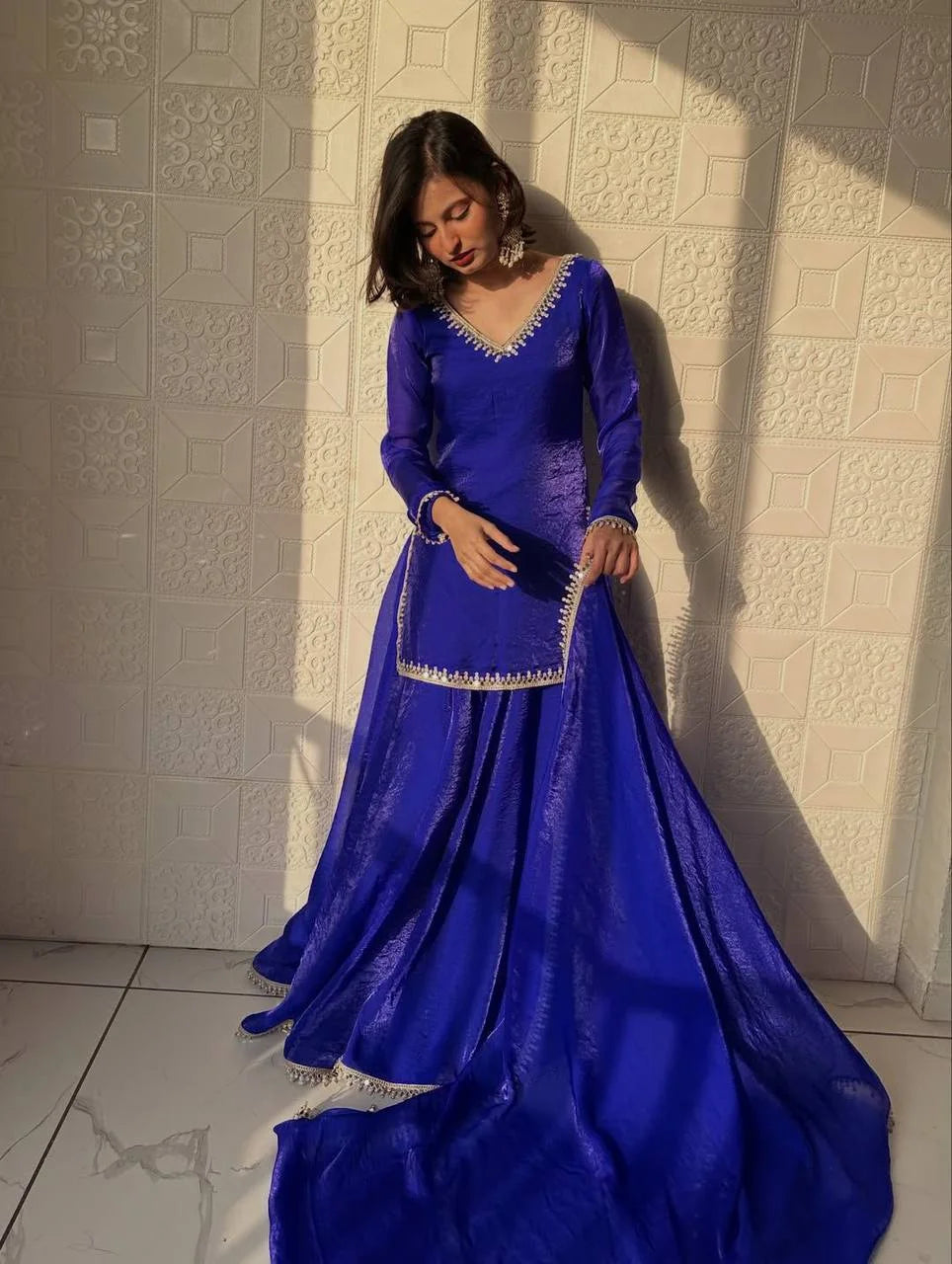 Premium Blue Silk Kurti Palazzo Set with Dupatta