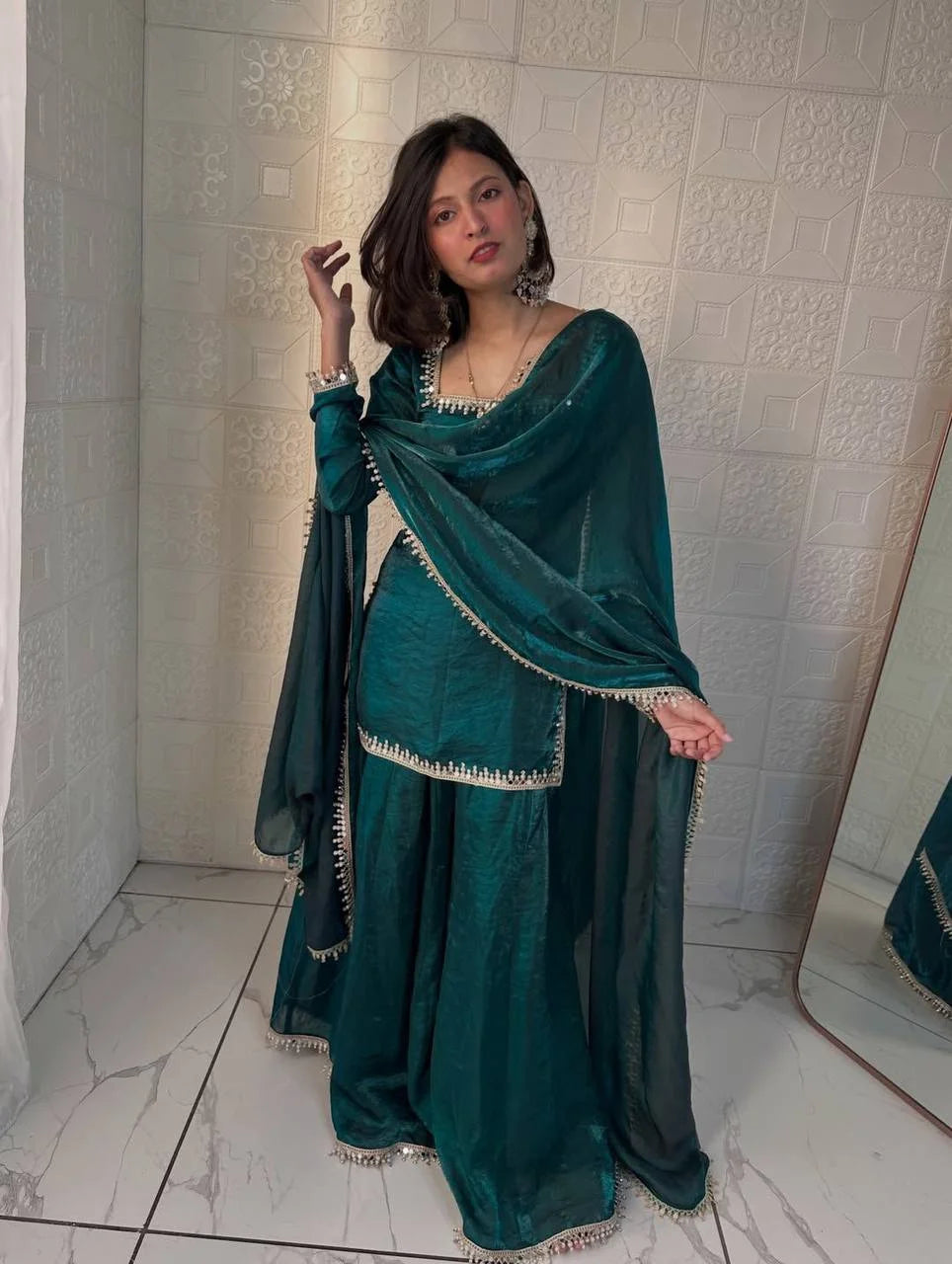 Elegant Green Fandy Silk Mirror Work Kurti Palazzo Set