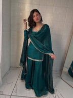 Elegant Green Fandy Silk Mirror Work Kurti Palazzo Set