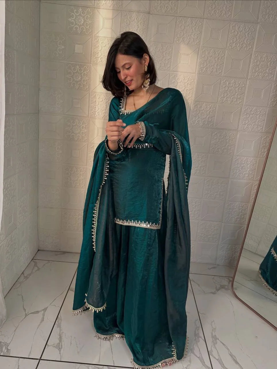 Elegant Green Fandy Silk Mirror Work Kurti Palazzo Set