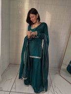 Elegant Green Fandy Silk Mirror Work Kurti Palazzo Set