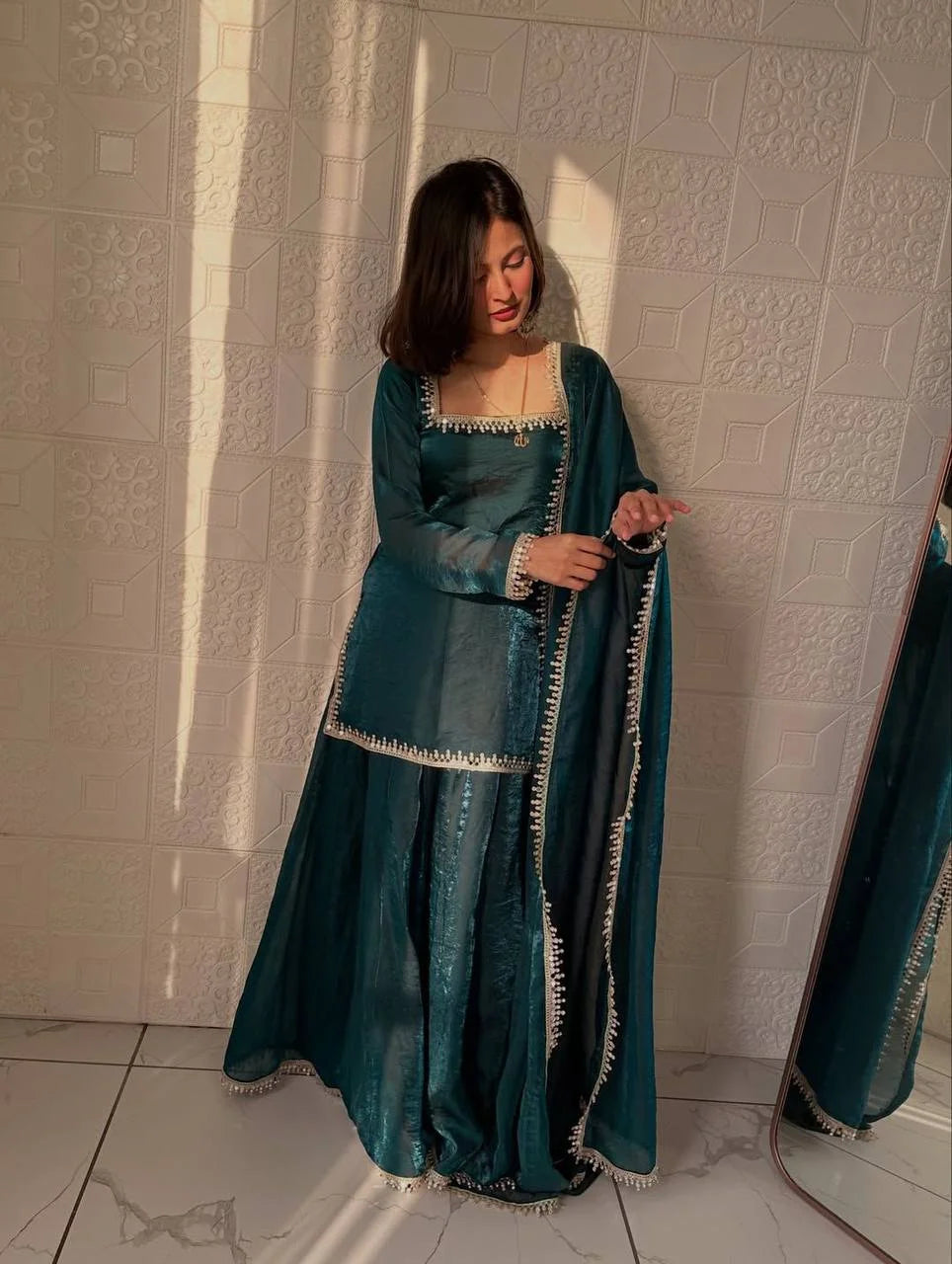 Elegant Green Fandy Silk Mirror Work Kurti Palazzo Set