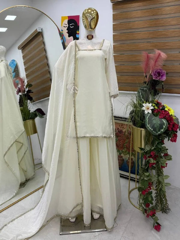 Graceful White Eidn Wear Silk Plazzo Set with Dupatta