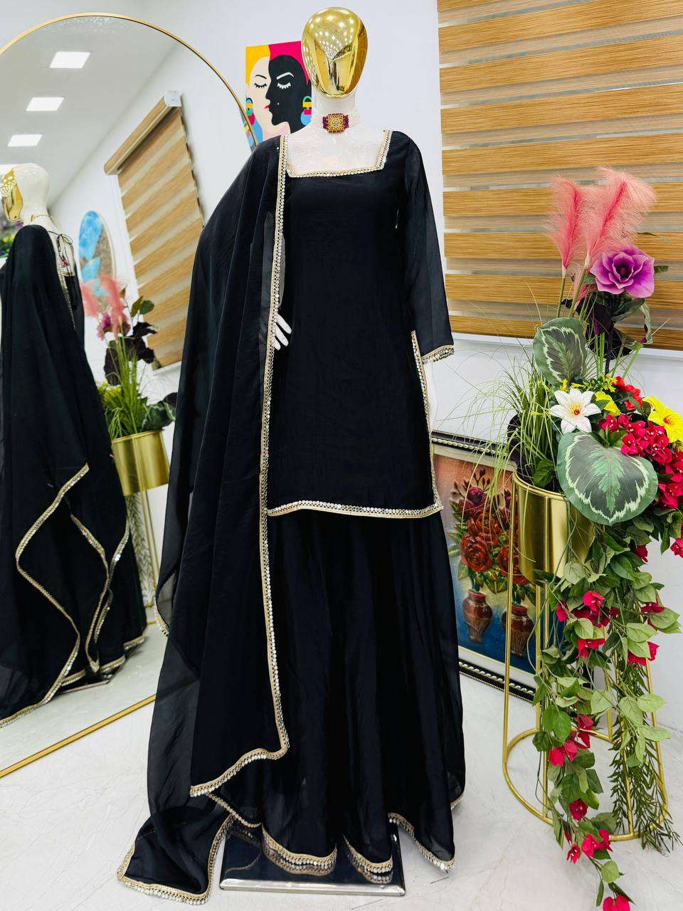 Royal Black Designer Plazzo Suit with Mirror Detailing - Eid Special