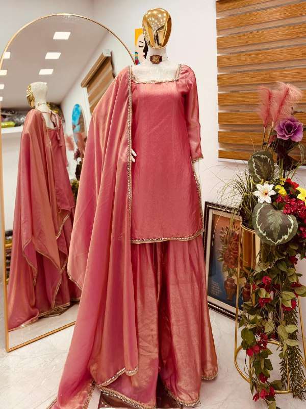 Peach Glam Eid Party Wear Mirror Work Palazzo Suit