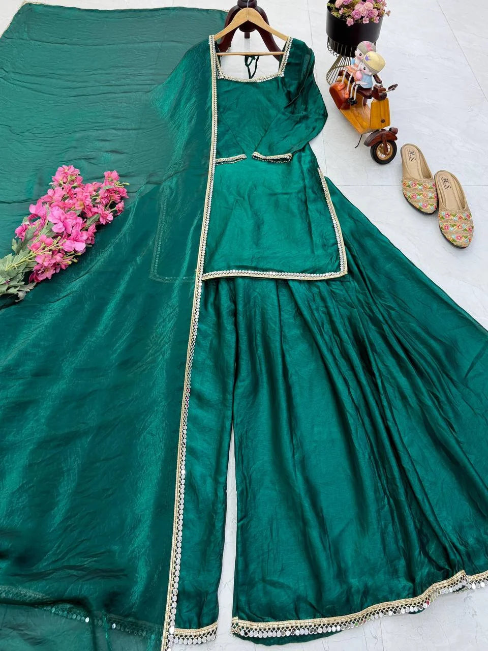 Elegant Green Fandy Silk Mirror Work Kurti Palazzo Set