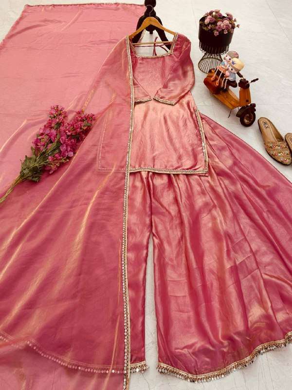 Peach Glam Eid Party Wear Mirror Work Palazzo Suit