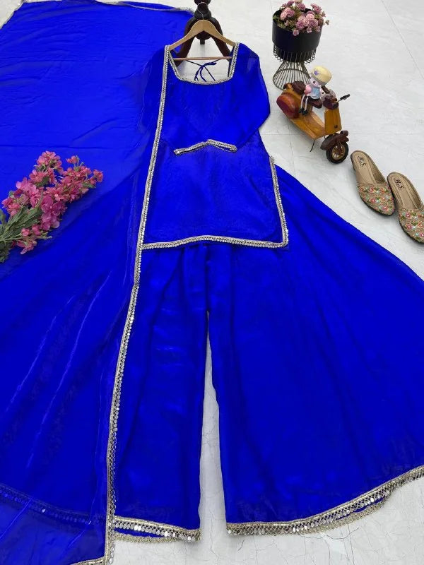 Premium Blue Silk Kurti Palazzo Set with Dupatta