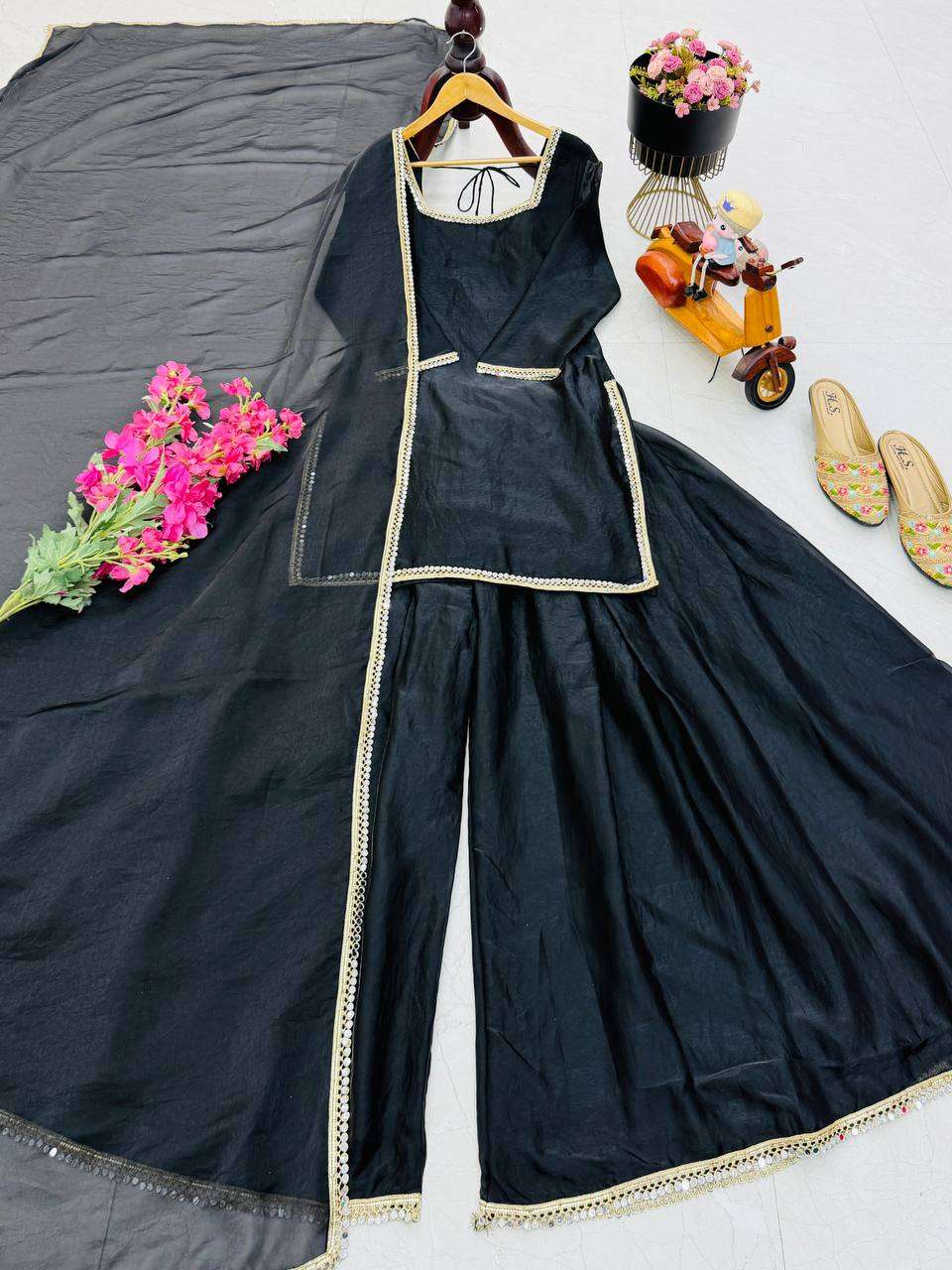 Royal Black Designer Plazzo Suit with Mirror Detailing - Eid Special