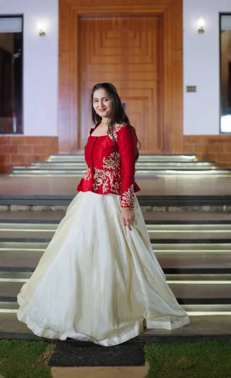 Elegant Red Chinon Lehenga Set with Fully Stitched Embroidered Blouse