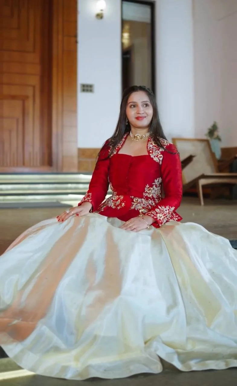 Elegant Red Chinon Lehenga Set with Fully Stitched Embroidered Blouse