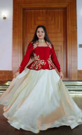 Elegant Red Chinon Lehenga Set with Fully Stitched Embroidered Blouse