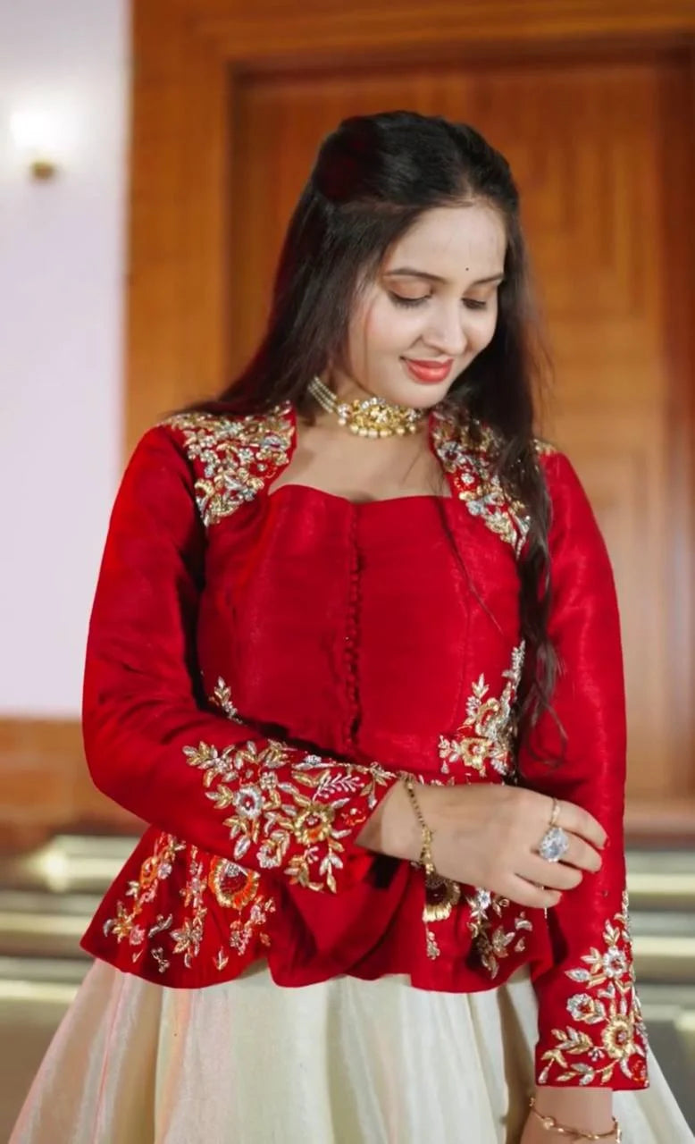 Elegant Red Chinon Lehenga Set with Fully Stitched Embroidered Blouse