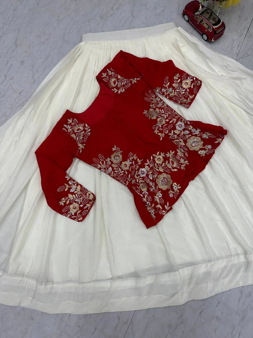 Elegant Red Chinon Lehenga Set with Fully Stitched Embroidered Blouse
