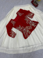 Elegant Red Chinon Lehenga Set with Fully Stitched Embroidered Blouse