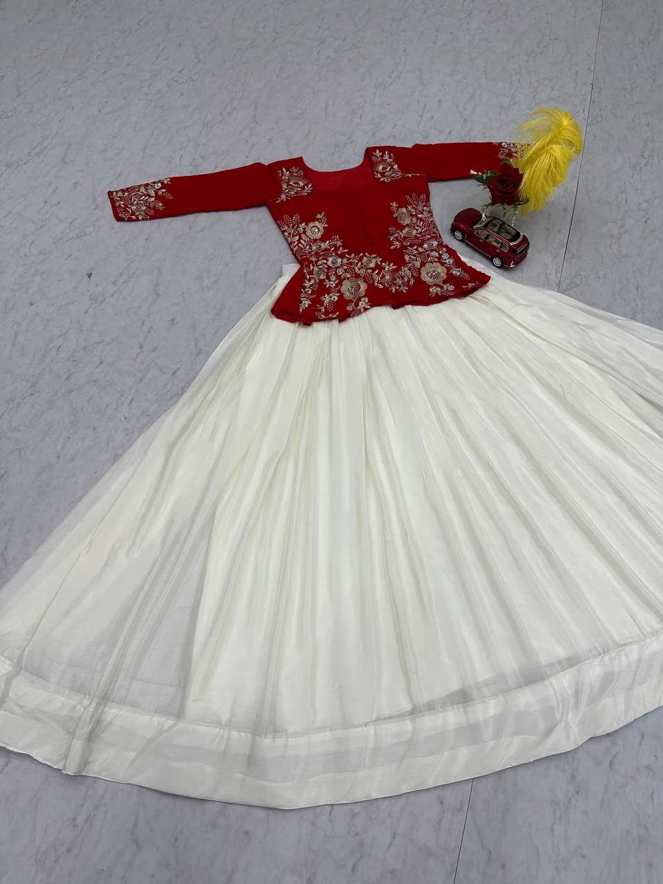 Elegant Red Chinon Lehenga Set with Fully Stitched Embroidered Blouse