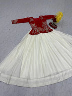 Elegant Red Chinon Lehenga Set with Fully Stitched Embroidered Blouse