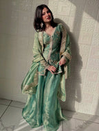 Luxury Pure Fendi Silk Top Plazzo Ensemble with Rivet Moti Work