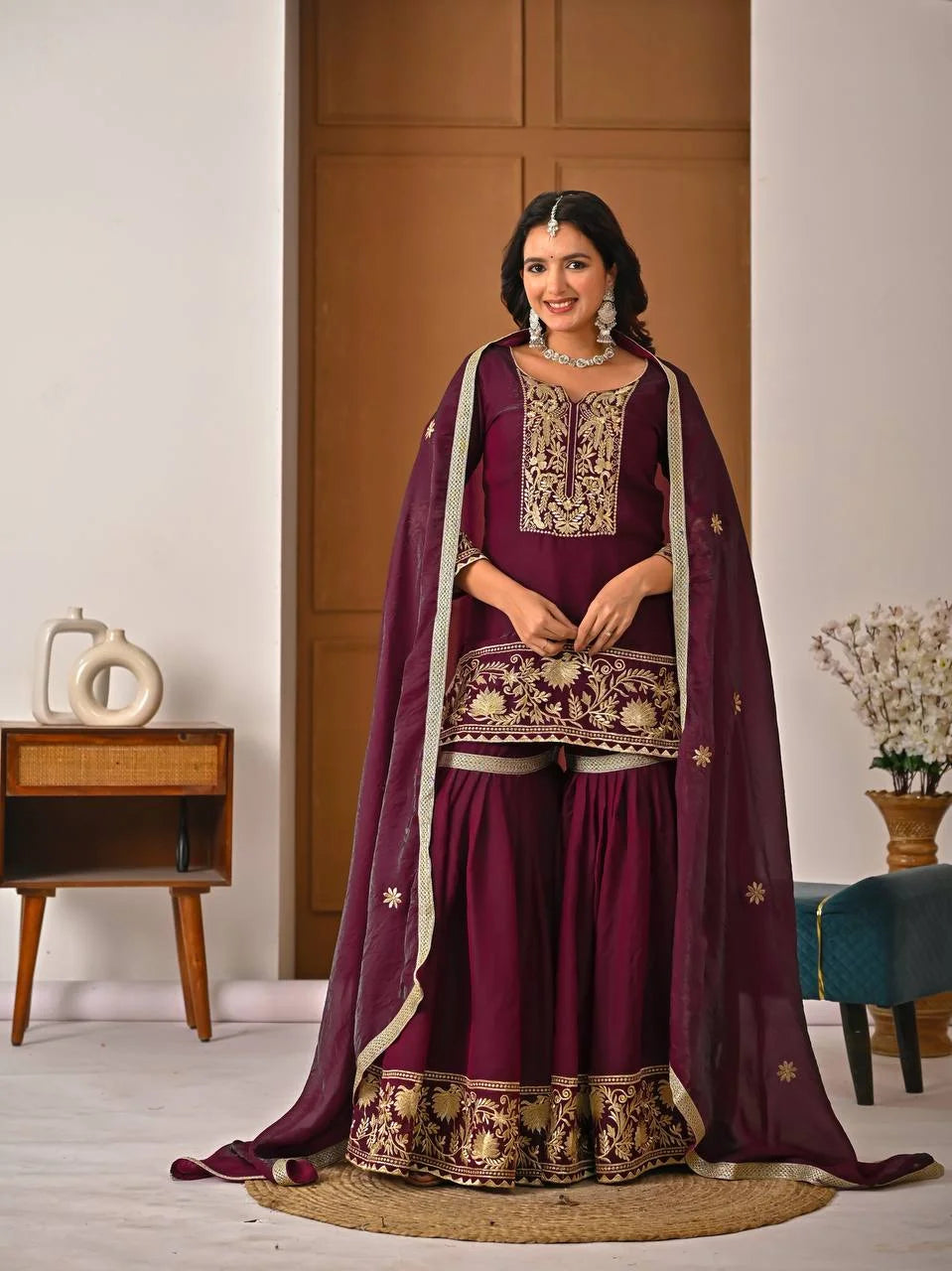 Luxury Fendy Silk Top & Sharara Set with Embroidered Dupatta