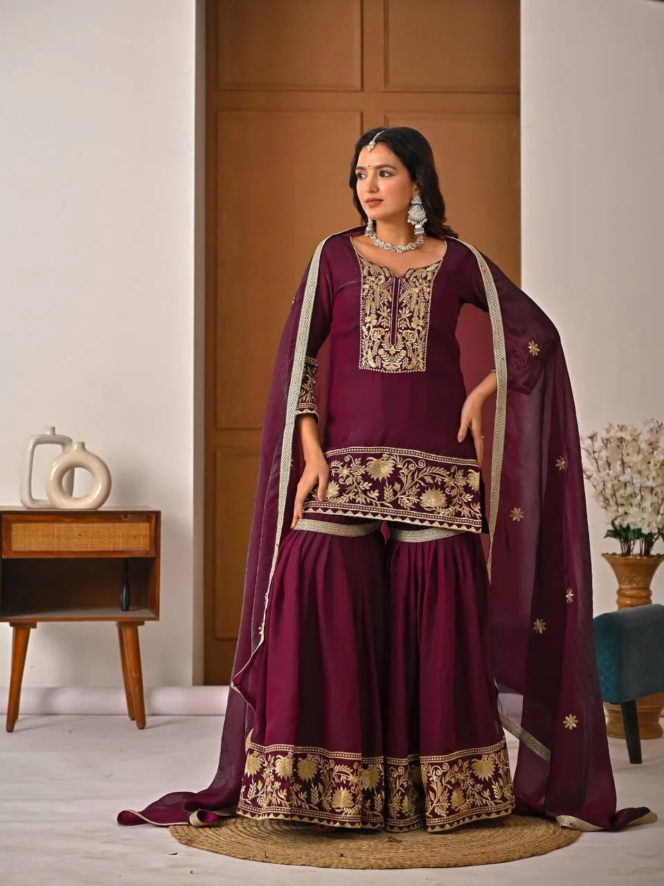 Luxury Fendy Silk Top & Sharara Set with Embroidered Dupatta