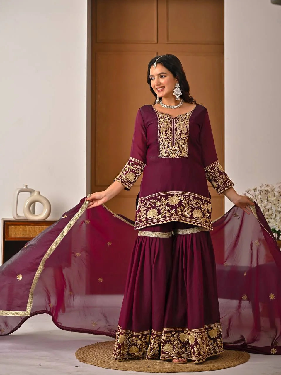 Luxury Fendy Silk Top & Sharara Set with Embroidered Dupatta