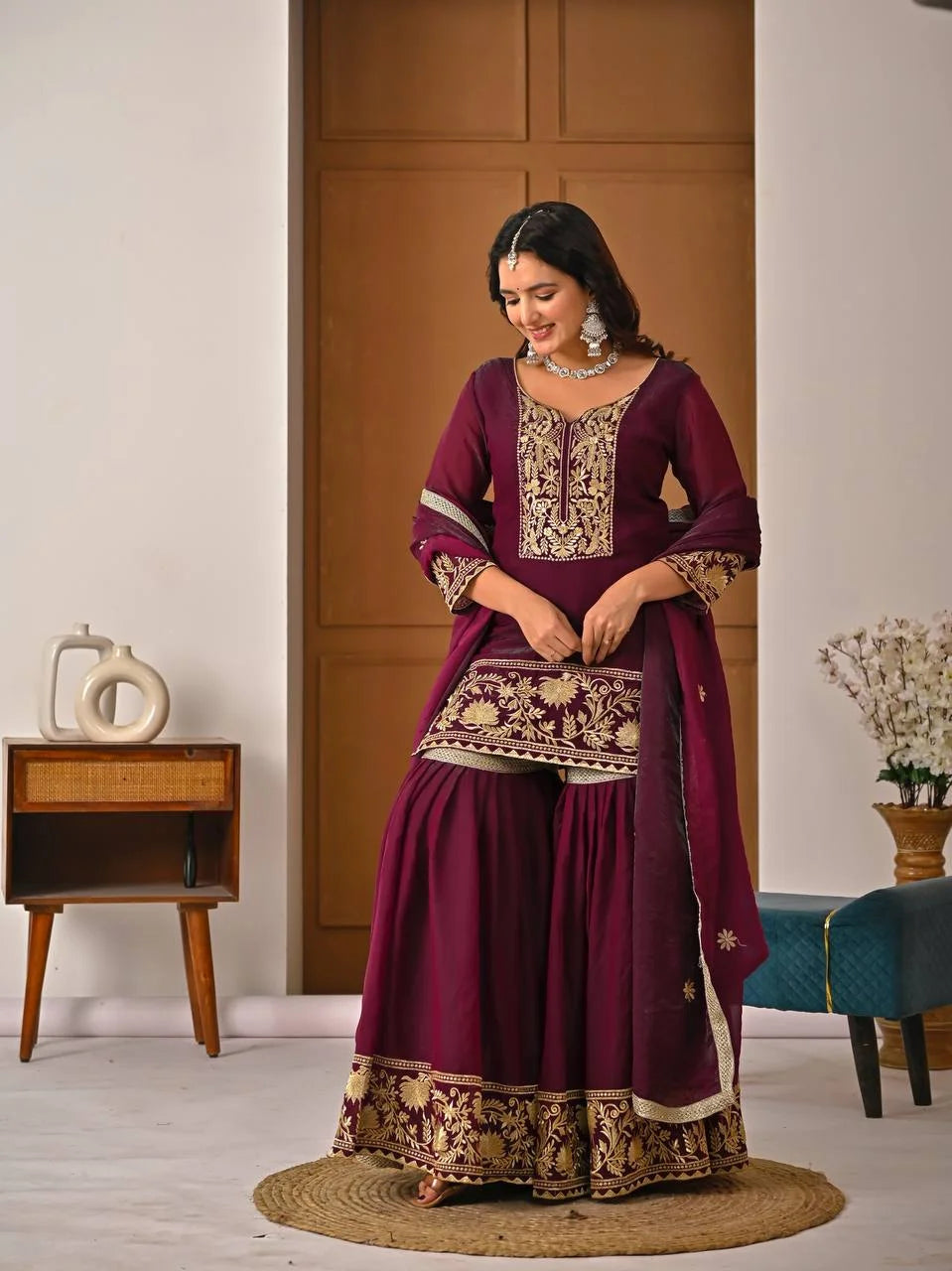 Luxury Fendy Silk Top & Sharara Set with Embroidered Dupatta