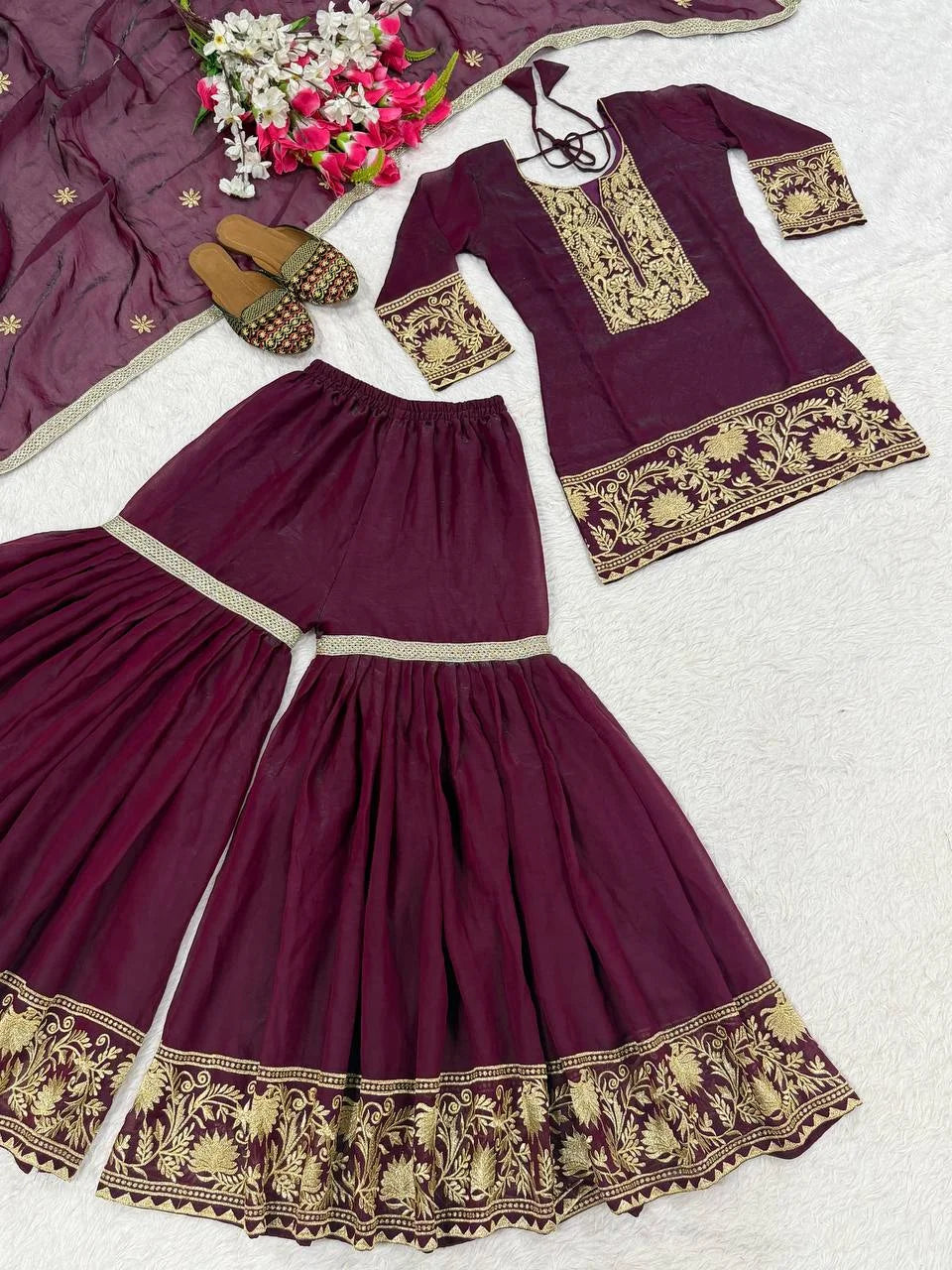 Luxury Fendy Silk Top & Sharara Set with Embroidered Dupatta