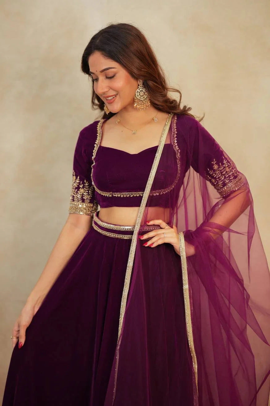 Royal 9000 Velvet Lehenga Choli with Dori & Sequence Embellished Border