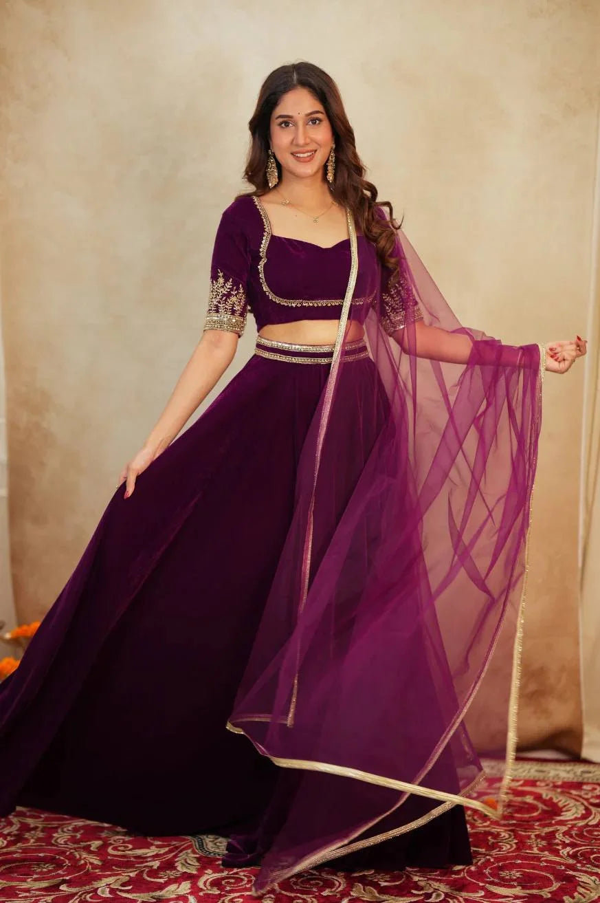 Royal 9000 Velvet Lehenga Choli with Dori & Sequence Embellished Border