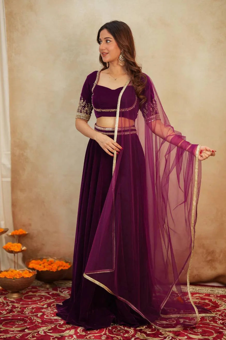 Royal 9000 Velvet Lehenga Choli with Dori & Sequence Embellished Border