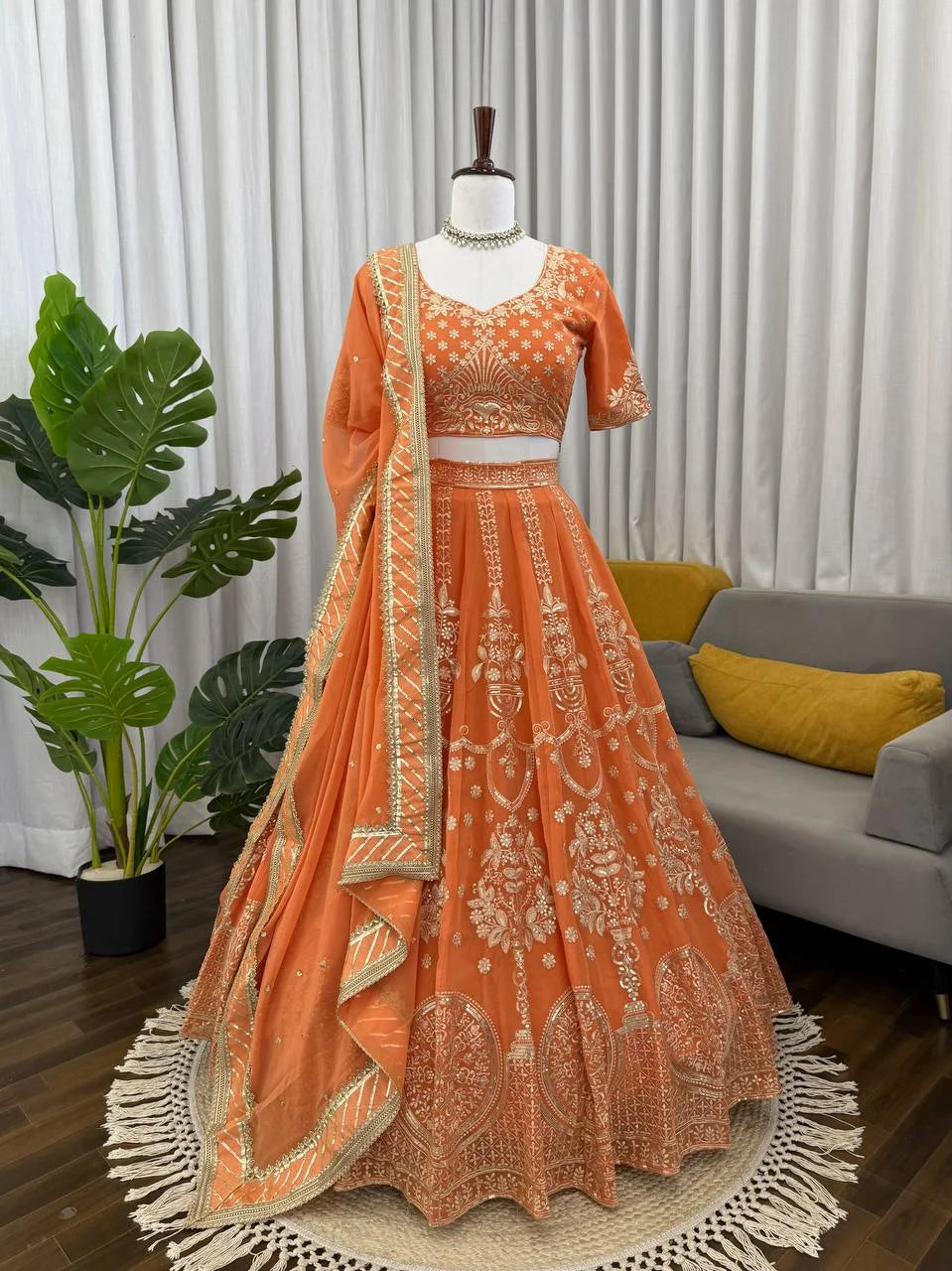 Faux Georgette Thread & Sequence Embroidered Lehenga Choli Set with Dupatta