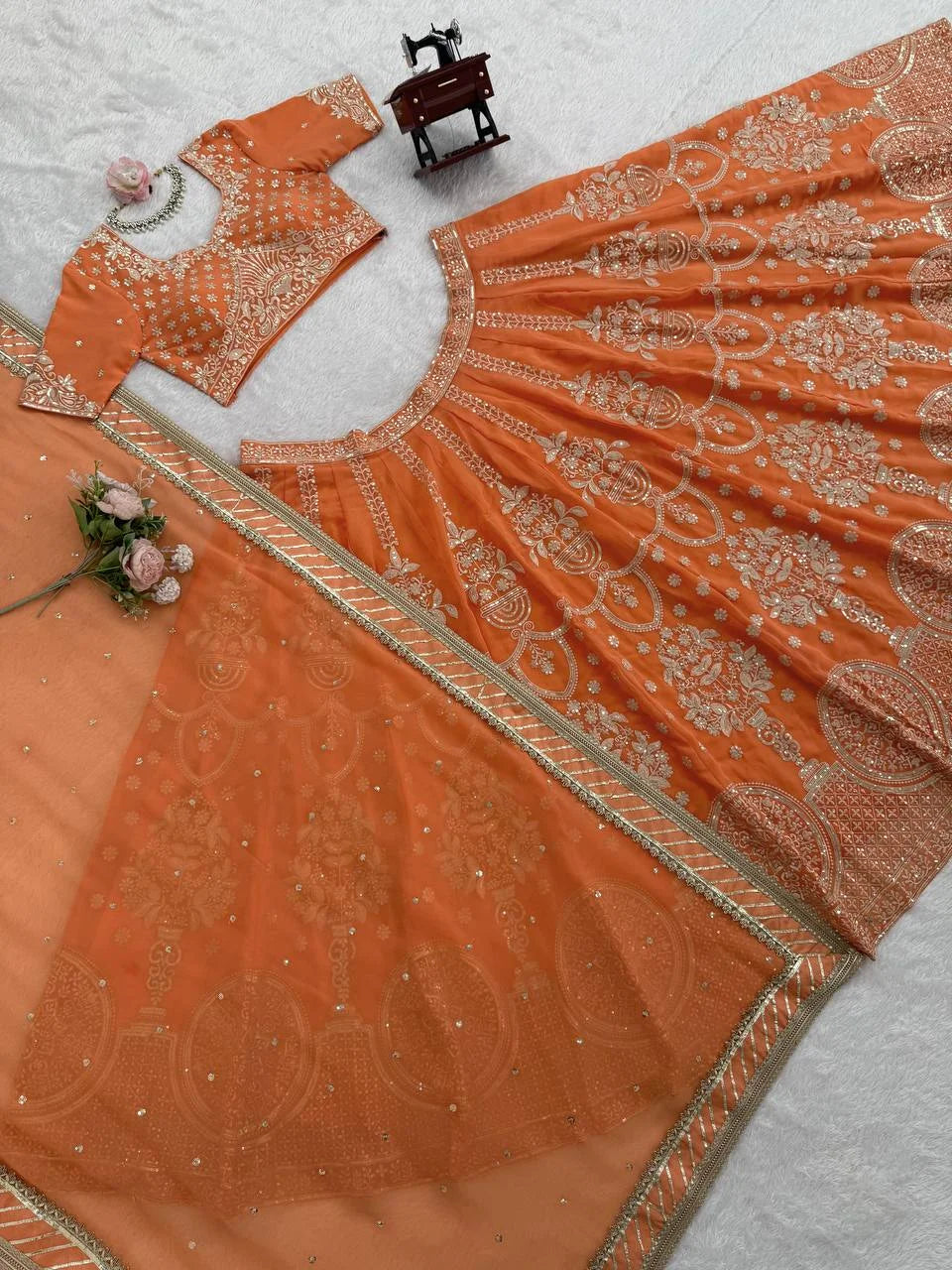 Faux Georgette Thread & Sequence Embroidered Lehenga Choli Set with Dupatta