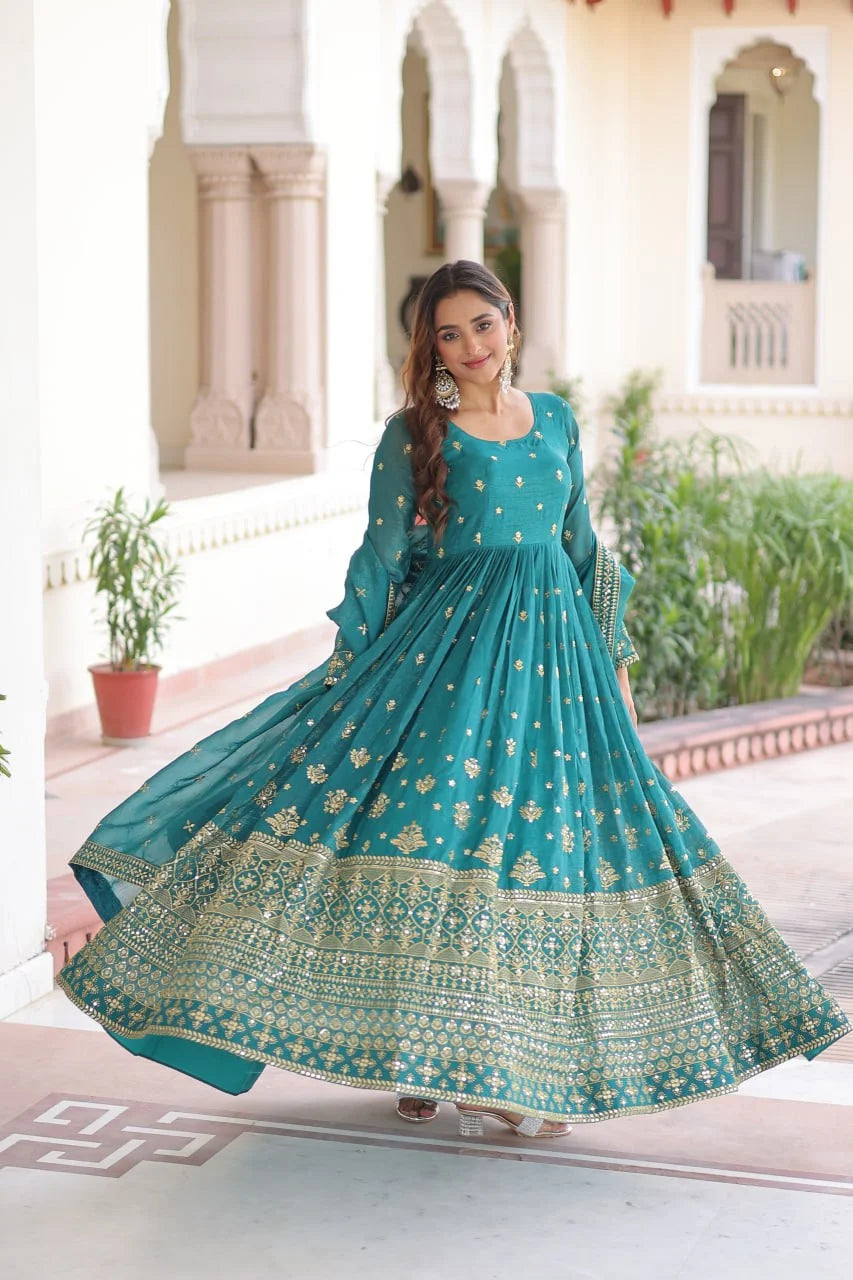 Silver Crunchy Embroidered Gown with Rich Sequin Work & Designer Dupatta