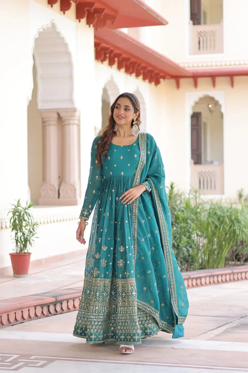Silver Crunchy Embroidered Gown with Rich Sequin Work & Designer Dupatta