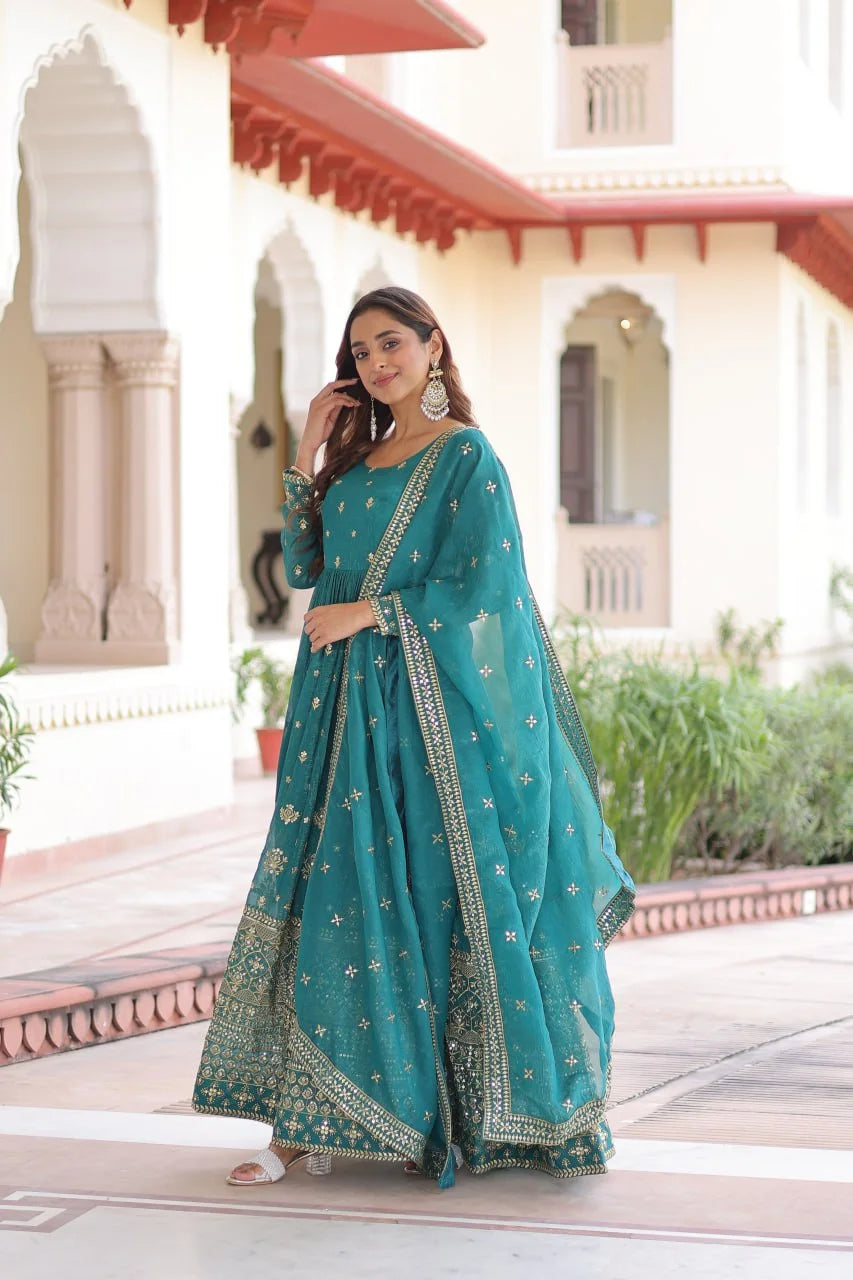 Silver Crunchy Embroidered Gown with Rich Sequin Work & Designer Dupatta
