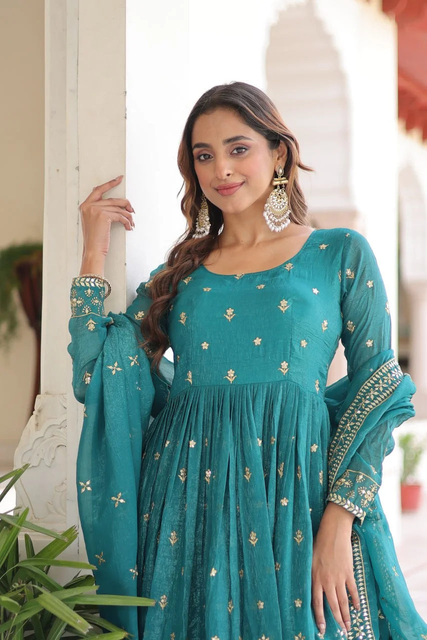 Silver Crunchy Embroidered Gown with Rich Sequin Work & Designer Dupatta