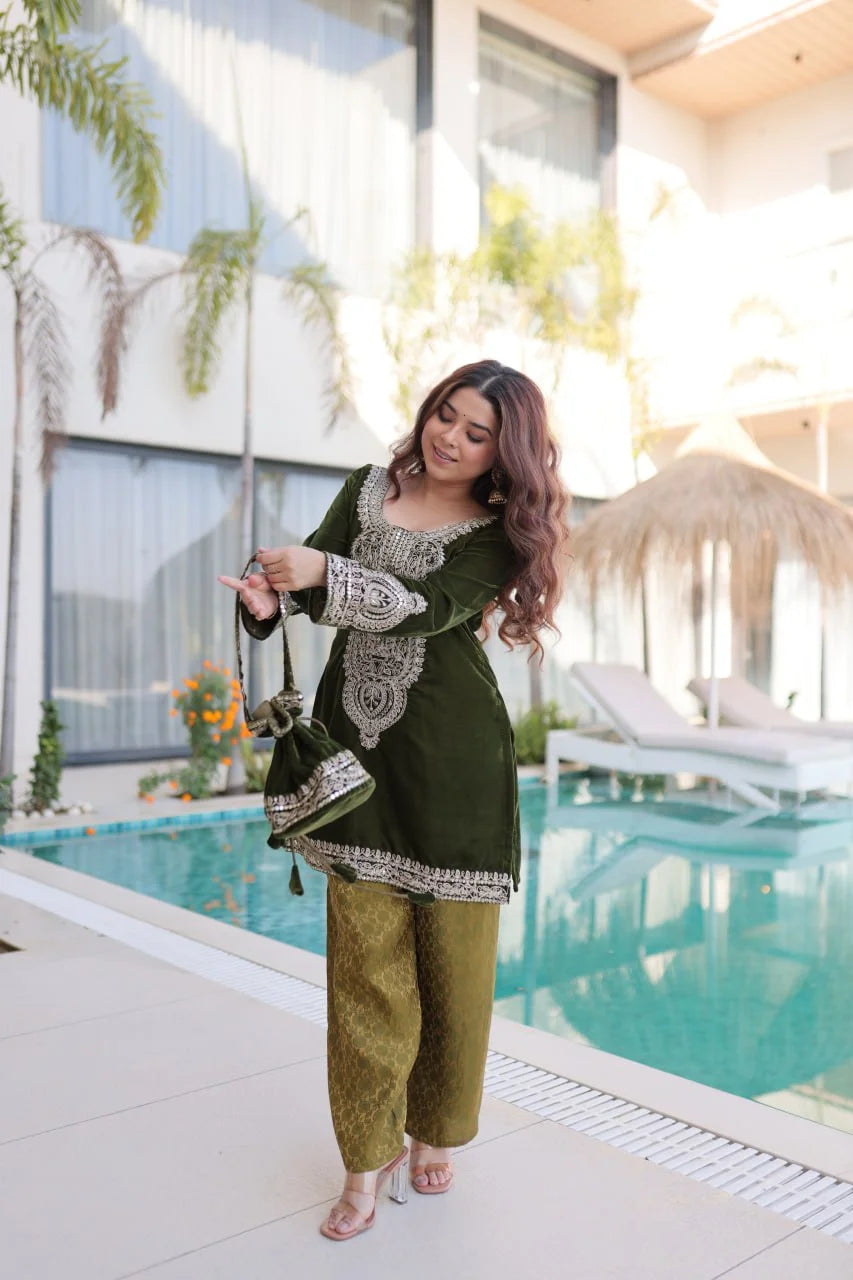 Traditional 9000 Velvet Ethnic Set with Zari Coding Work & Batwa