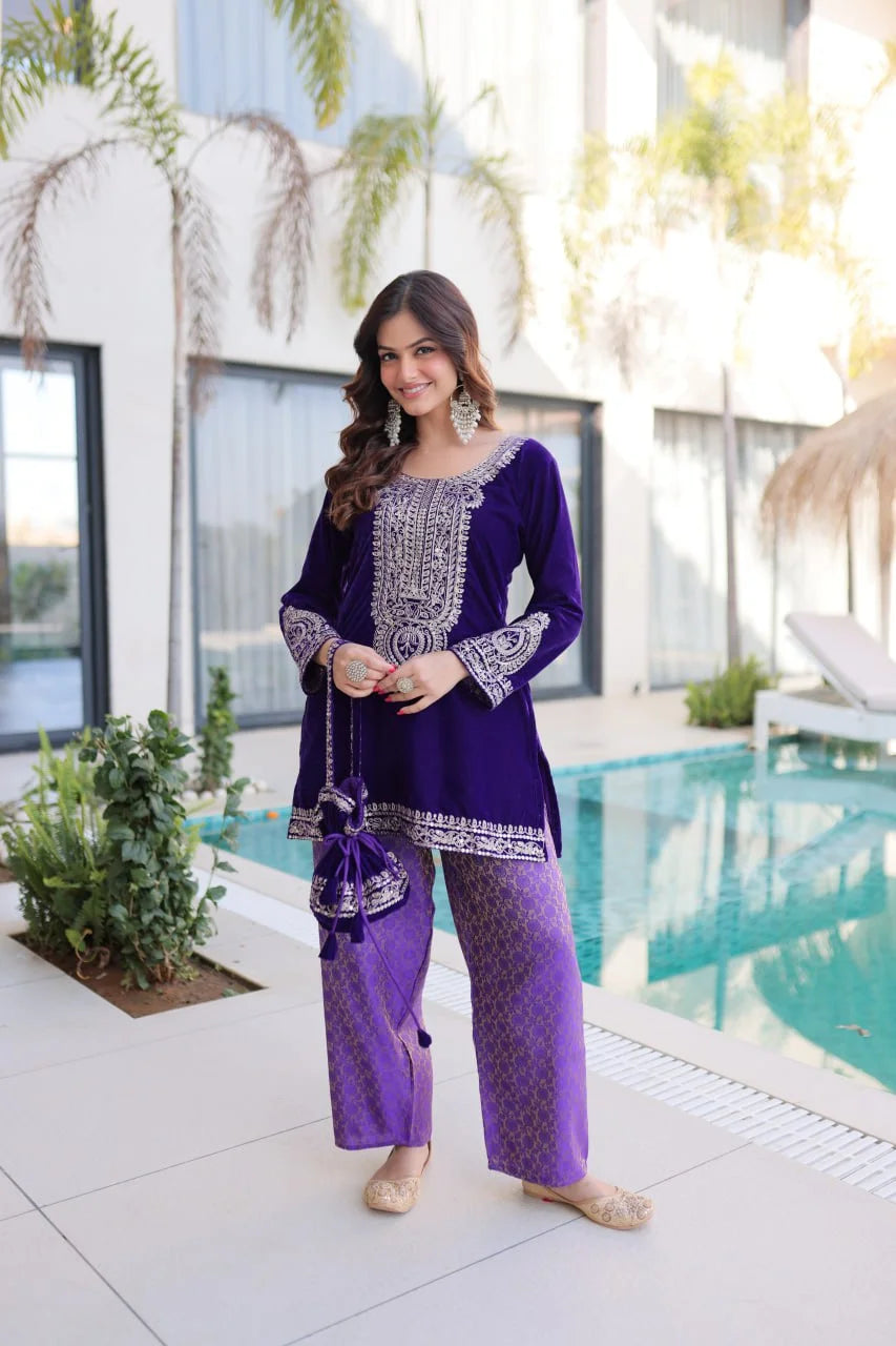 Party Wear 9000 Velvet Top Pant Ensemble with Rich Zari Coding & Batwa