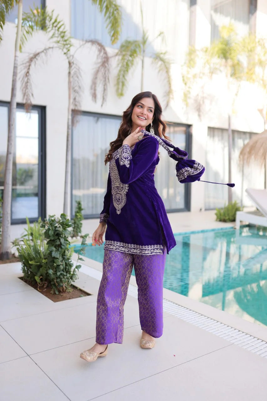Party Wear 9000 Velvet Top Pant Ensemble with Rich Zari Coding & Batwa