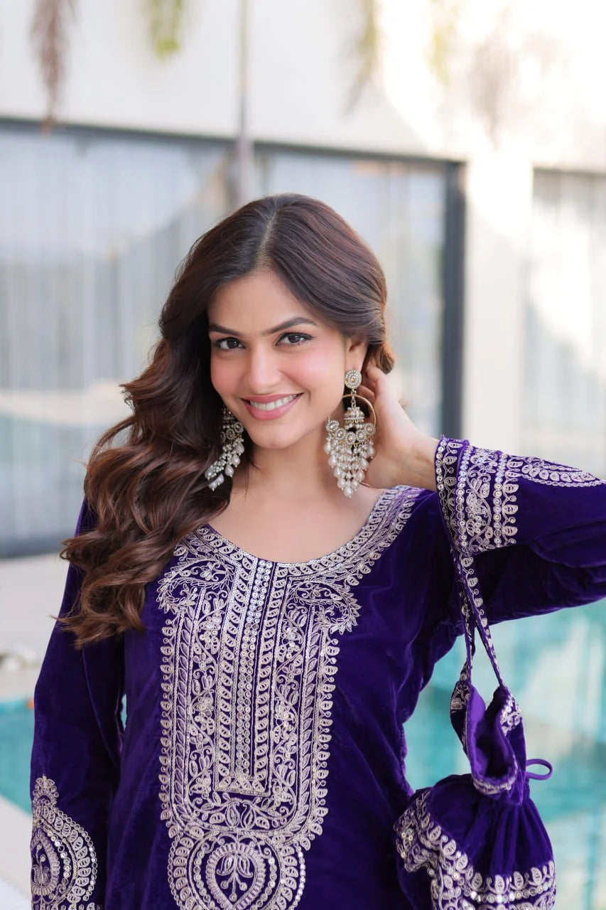 Party Wear 9000 Velvet Top Pant Ensemble with Rich Zari Coding & Batwa