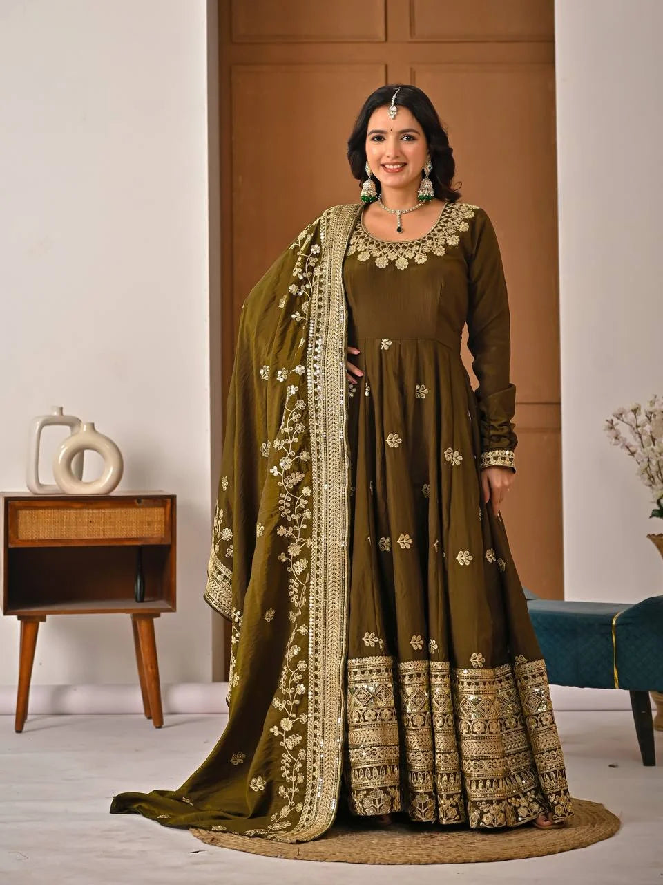 Festive Wear NC Vichitra Silk Anarkali with Cancan Flair, Pant & Dupatta