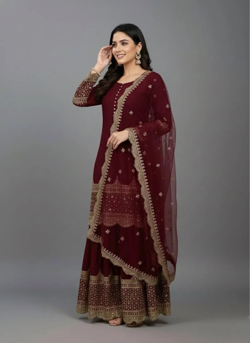 Maroon Eid wear Faux Georgette Top Sharara Set with Net Dupatta