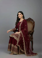 Maroon Eid wear Faux Georgette Top Sharara Set with Net Dupatta